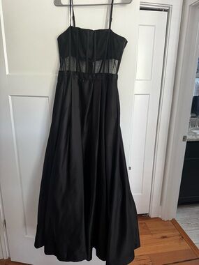 Blondie Nites Black Satin Maxi Dress with Sheer Mesh Waist
